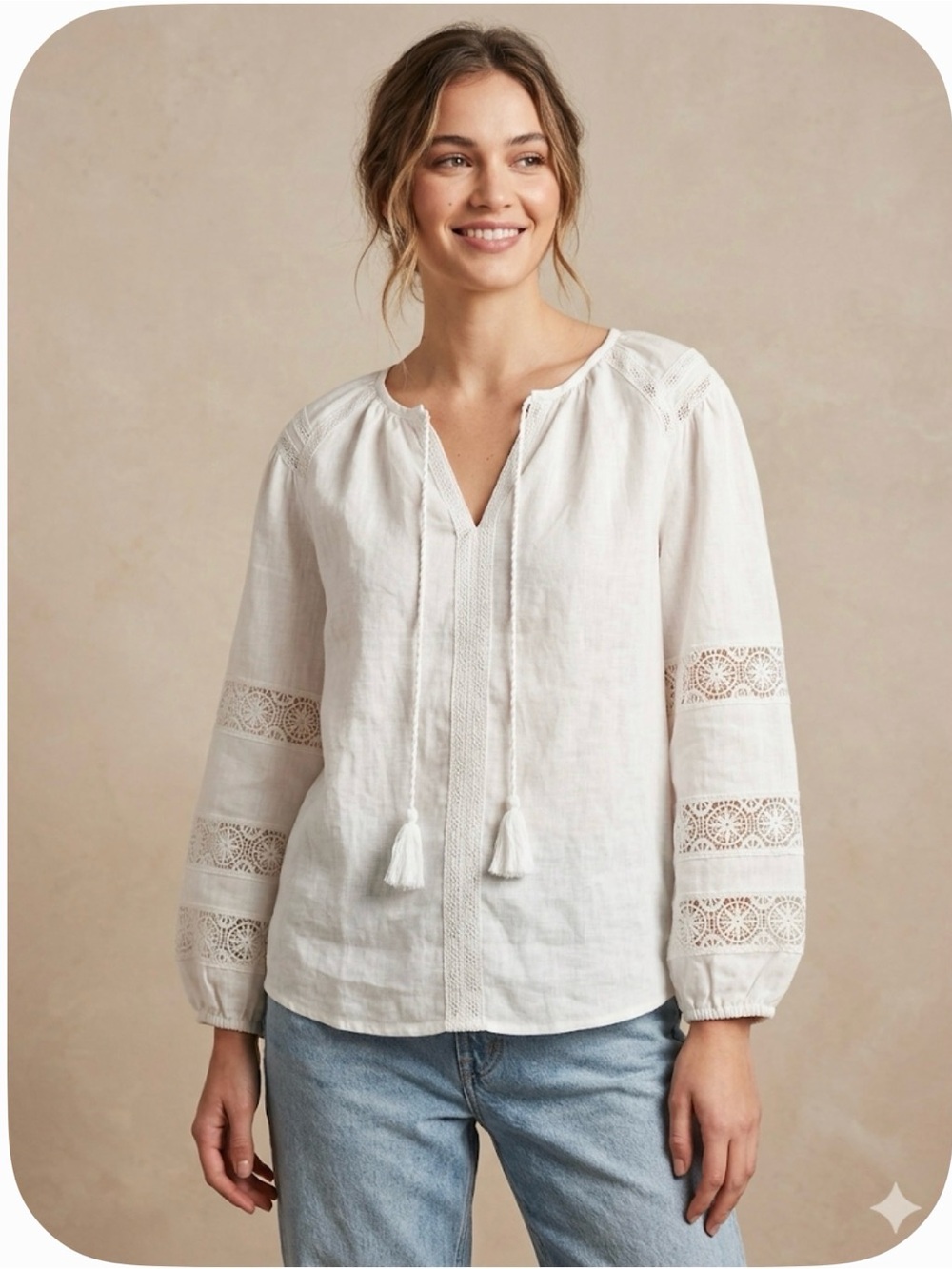 Magaschoni  White Lace-Inset Peasant Blouse 100% linen